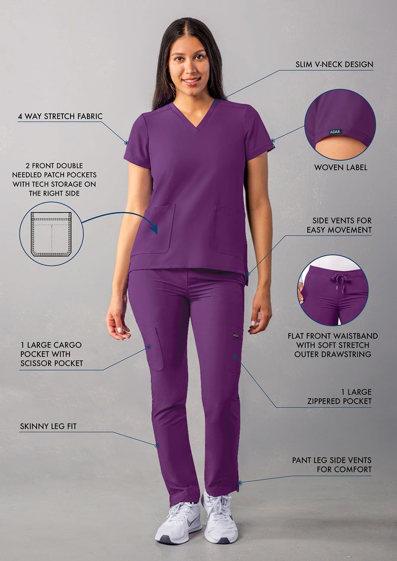 Adar Uniforms Adar Addition Scrubs Set for Women - Stretch V-Neck Scrub Top & Skinny Cargo Scrub Pants, 10 Pockets - A9200 - Eggplant - L - Image 3